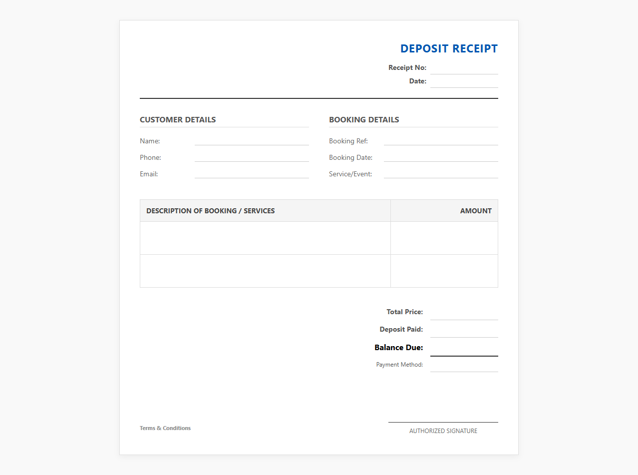 Advance Booking Deposit Receipt