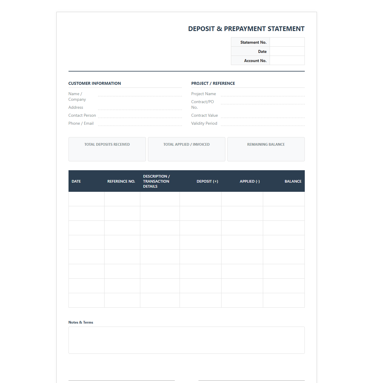 Advance Deposit and Prepayment Statement Sheet