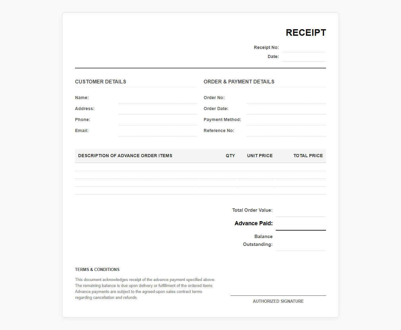 Advance Order Payment Confirmation Receipt