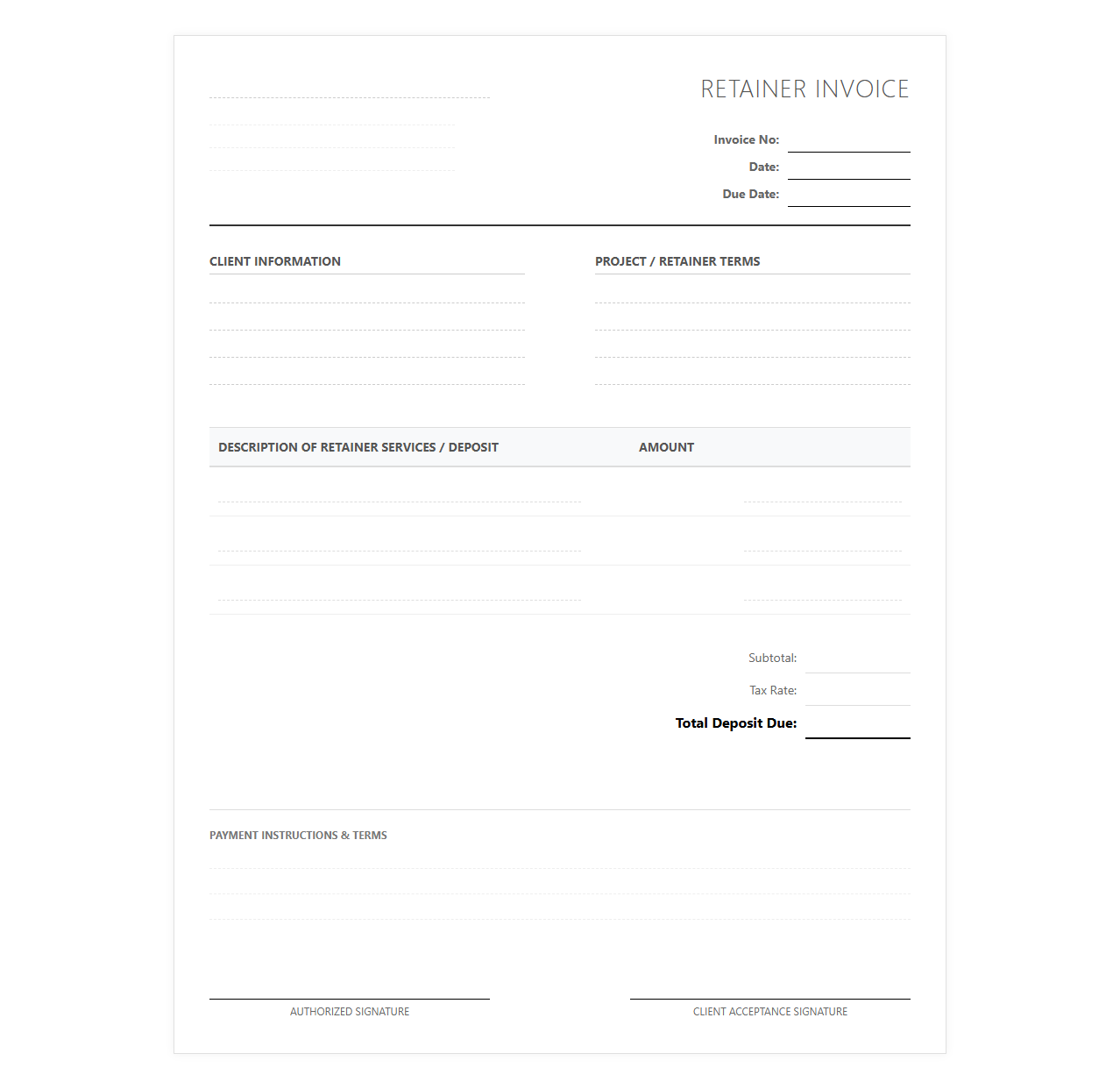 Advance Retainer Deposit Invoice Template