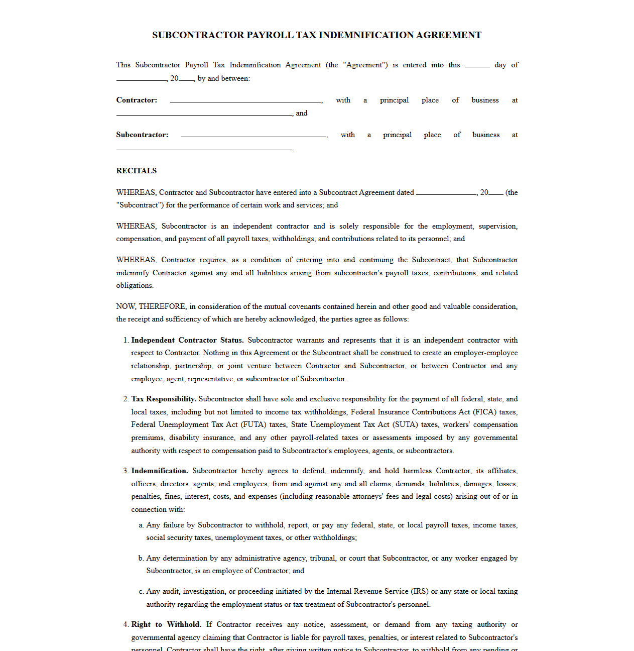 Agreement for Subcontractor Tax Indemnification