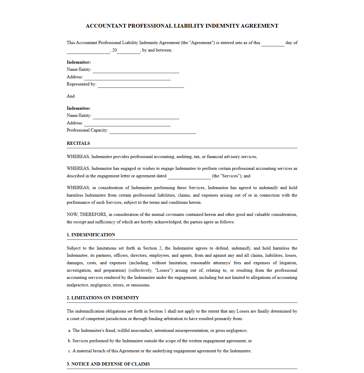Agreement Template for Accountant Professional Liability Indemnity