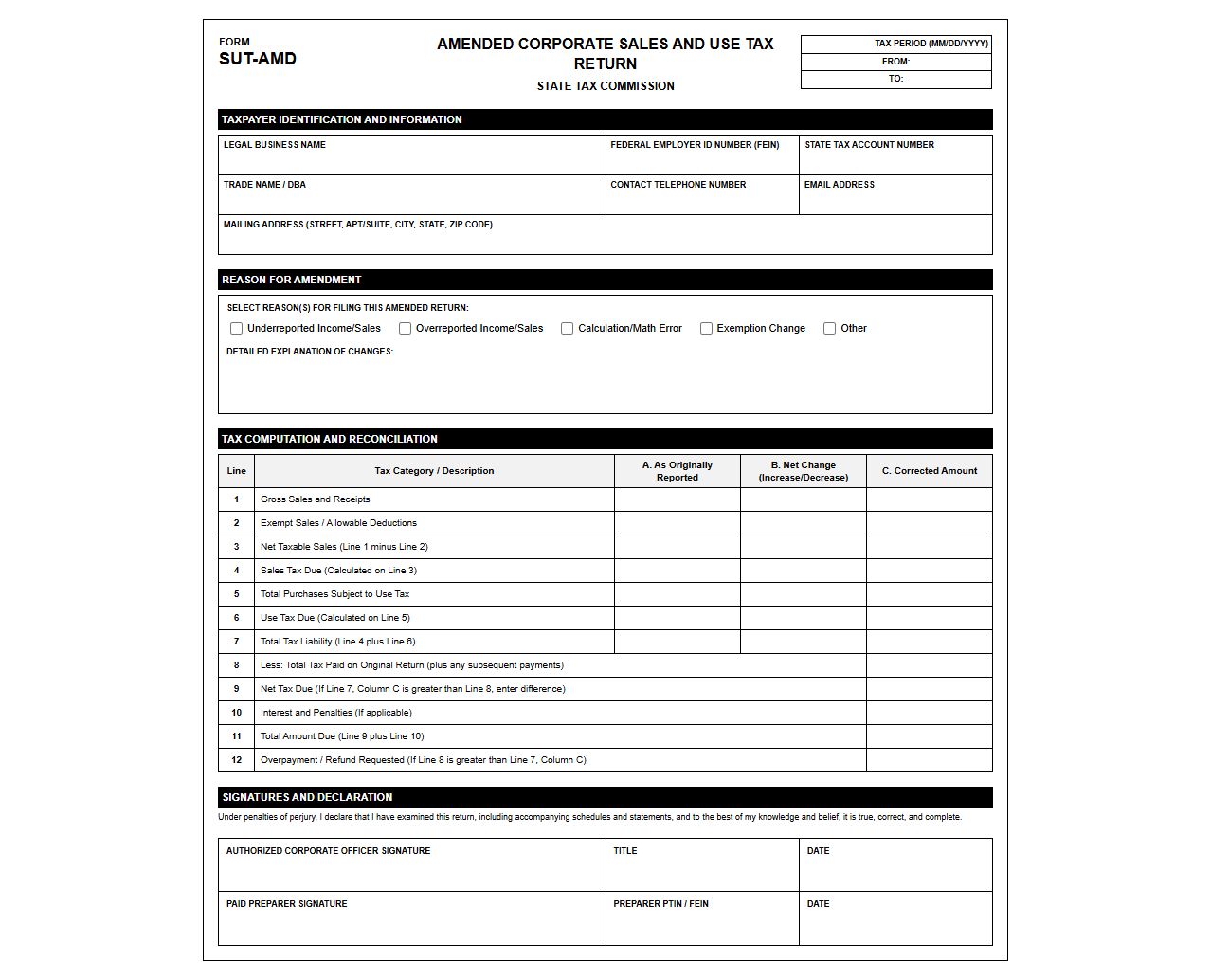 Amended Corporate Sales and Use Tax Return Form
