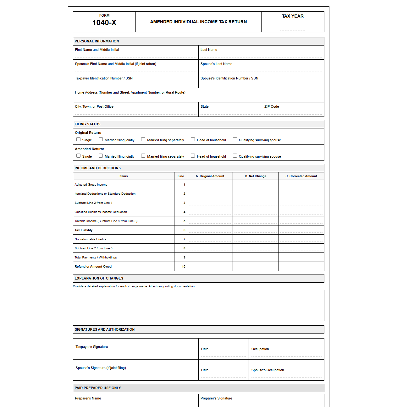 Amended Individual Taxpayer Return Template