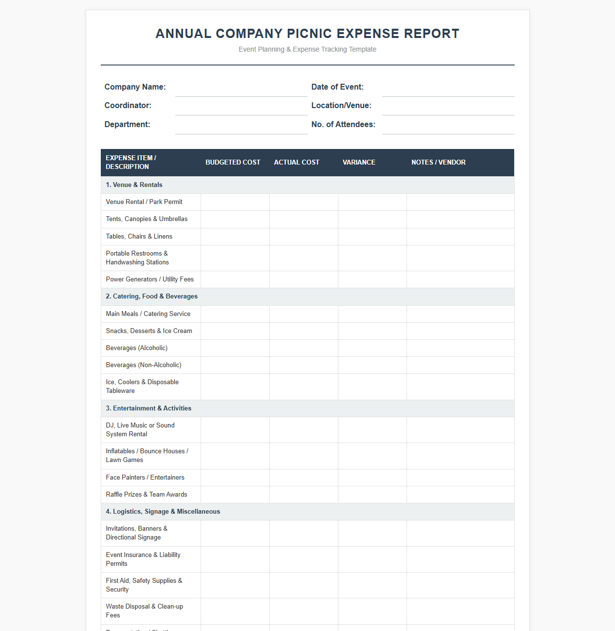 Annual Company Picnic Expense Report Template