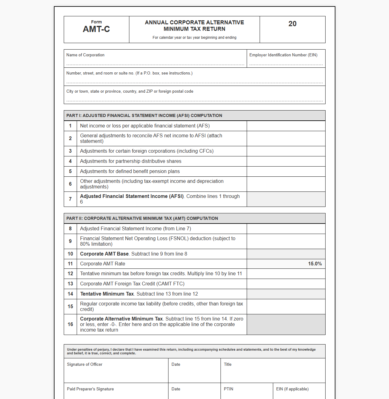 Annual Corporate AMT Return Template