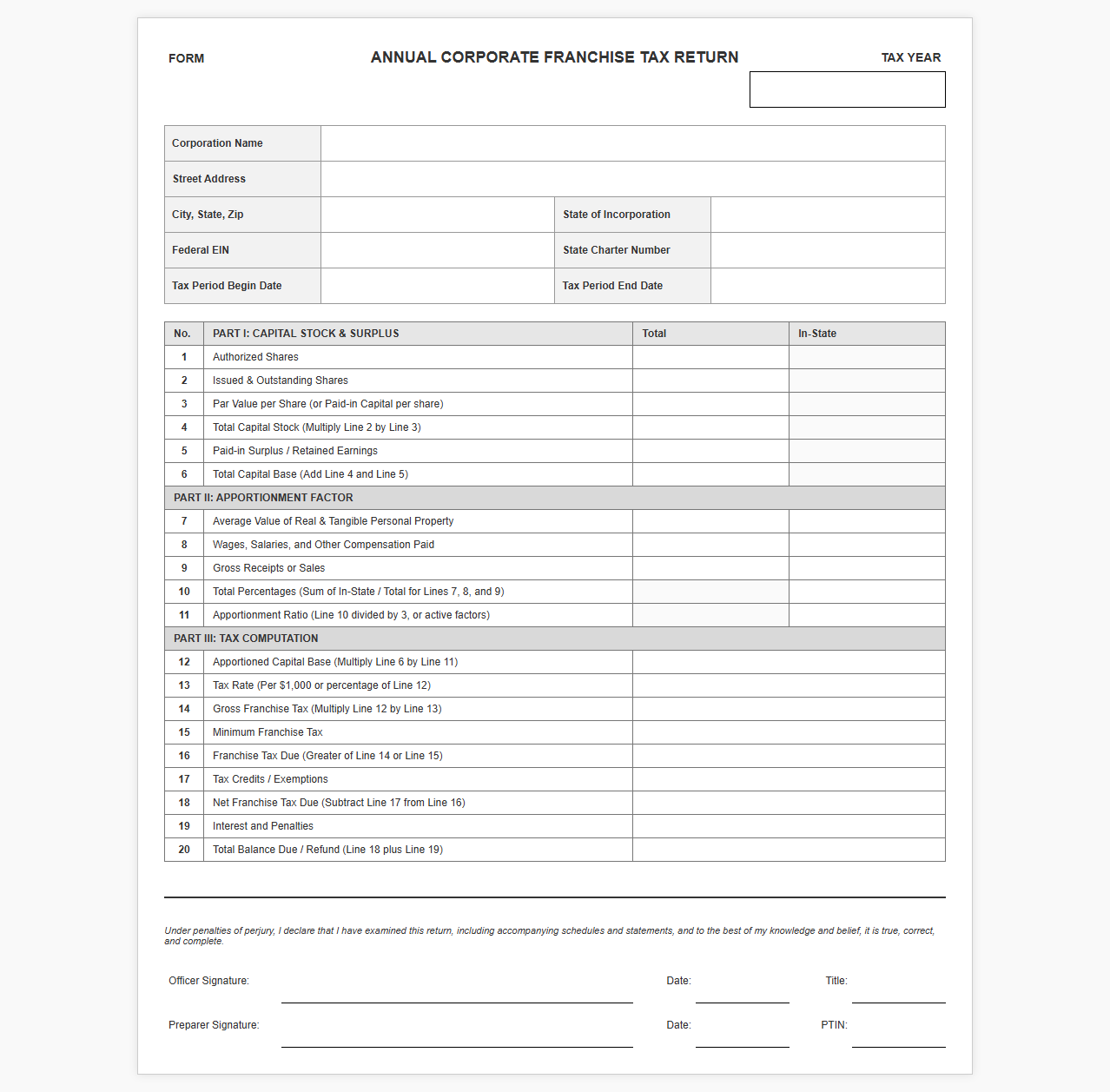 Annual Corporate Franchise Tax Return Spreadsheet