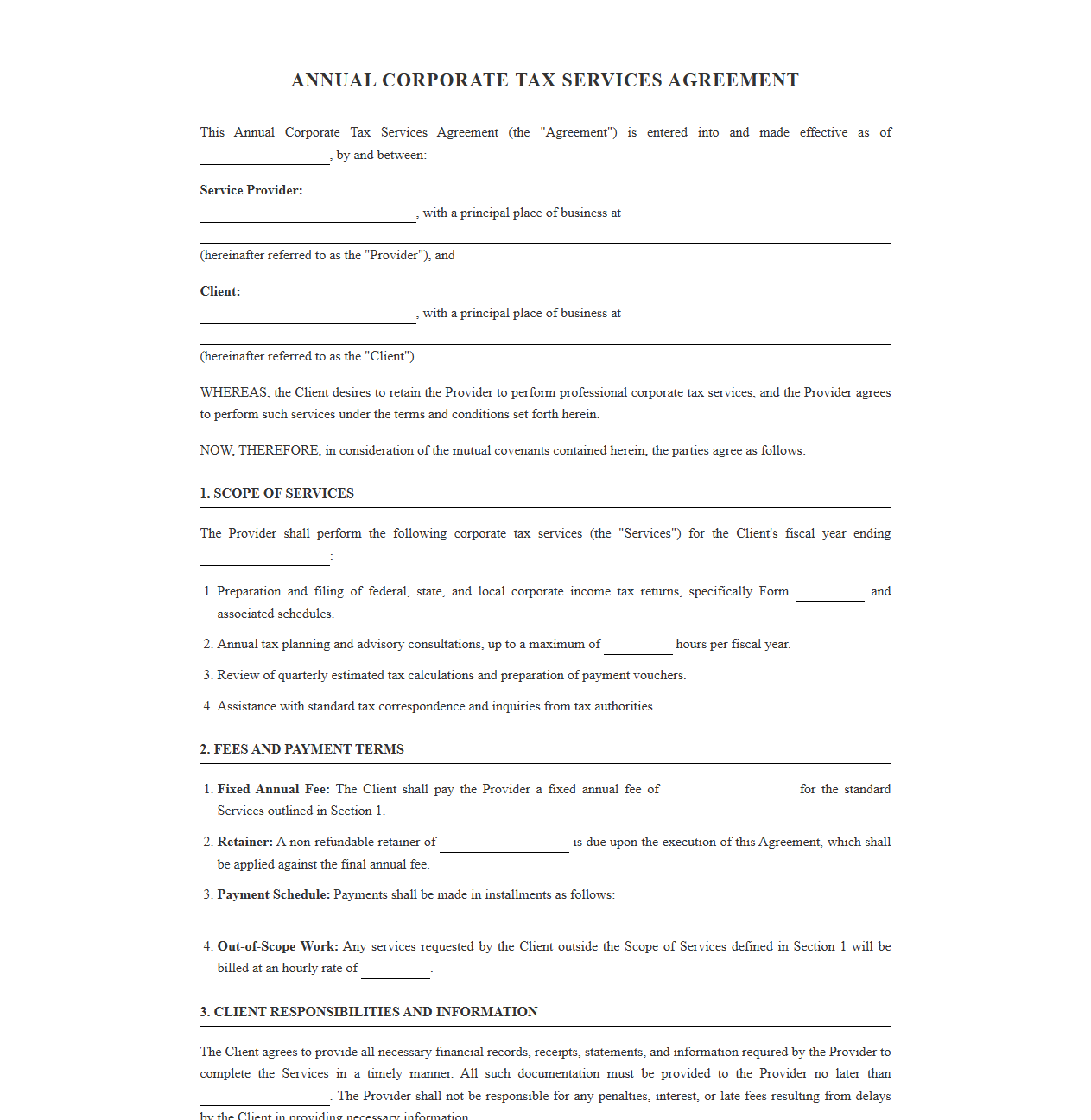 Annual Corporate Tax Services Contract