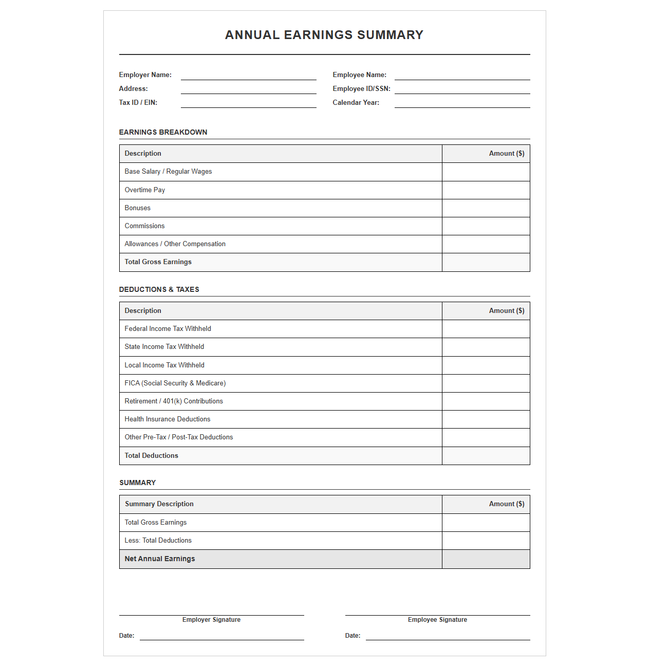 Annual Earnings Summary Template