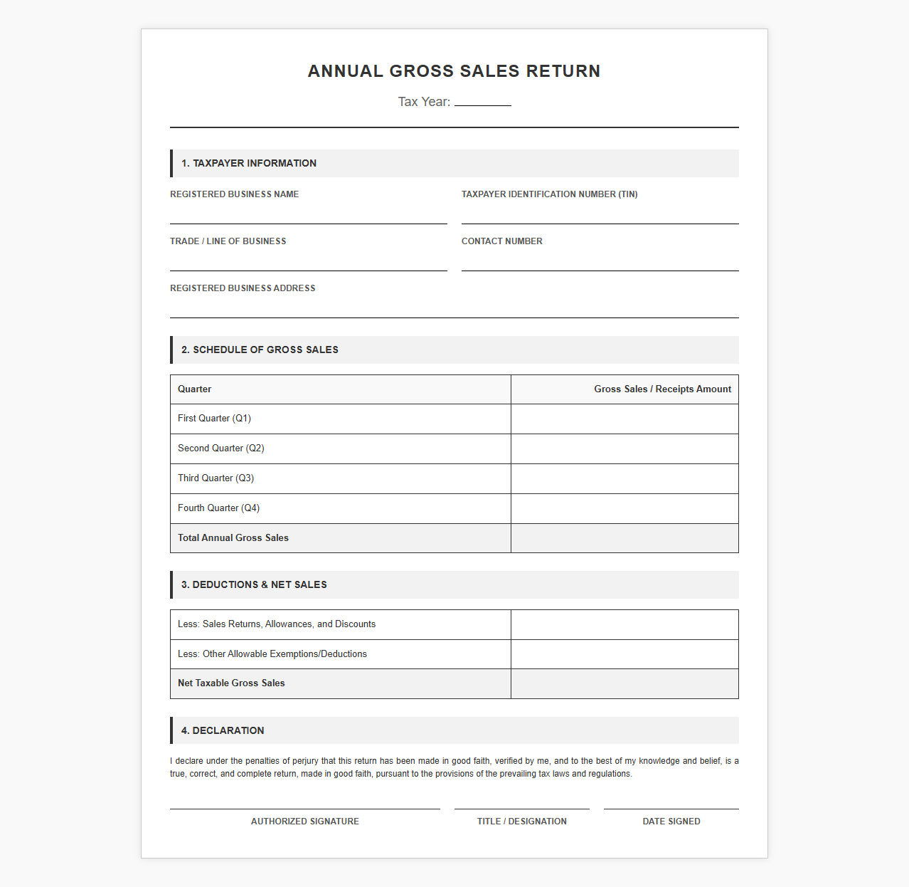 Annual Gross Sales Return Form