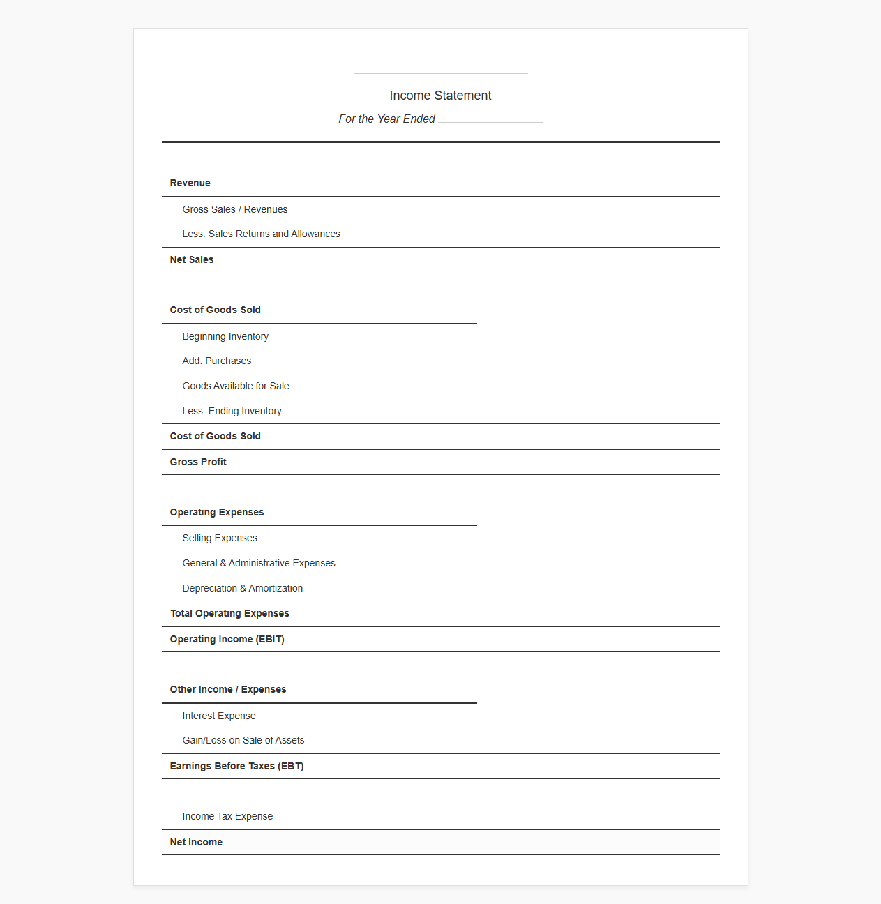 Annual Net Income Statement Template