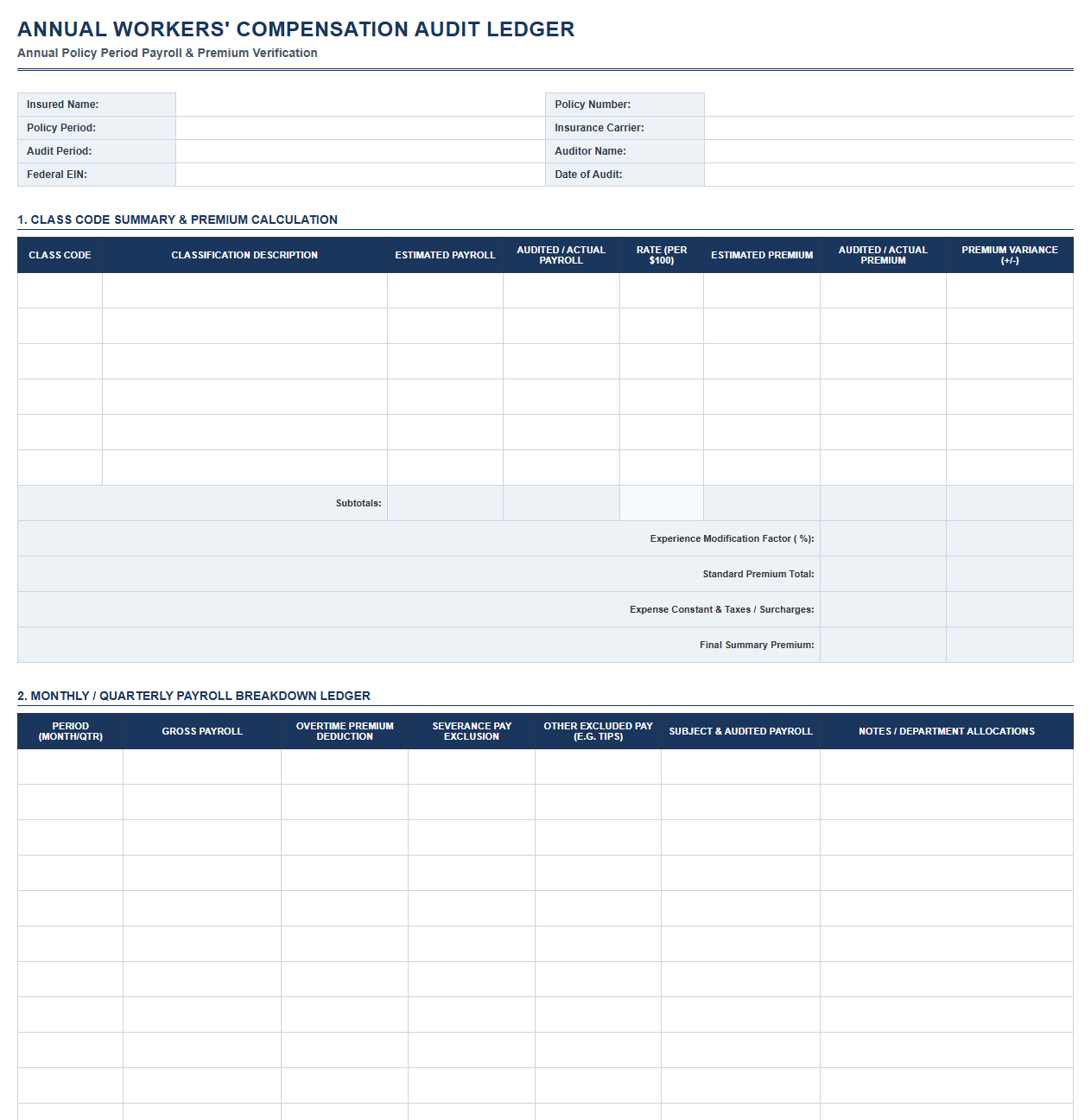Annual Workers Compensation Audit Ledger Template