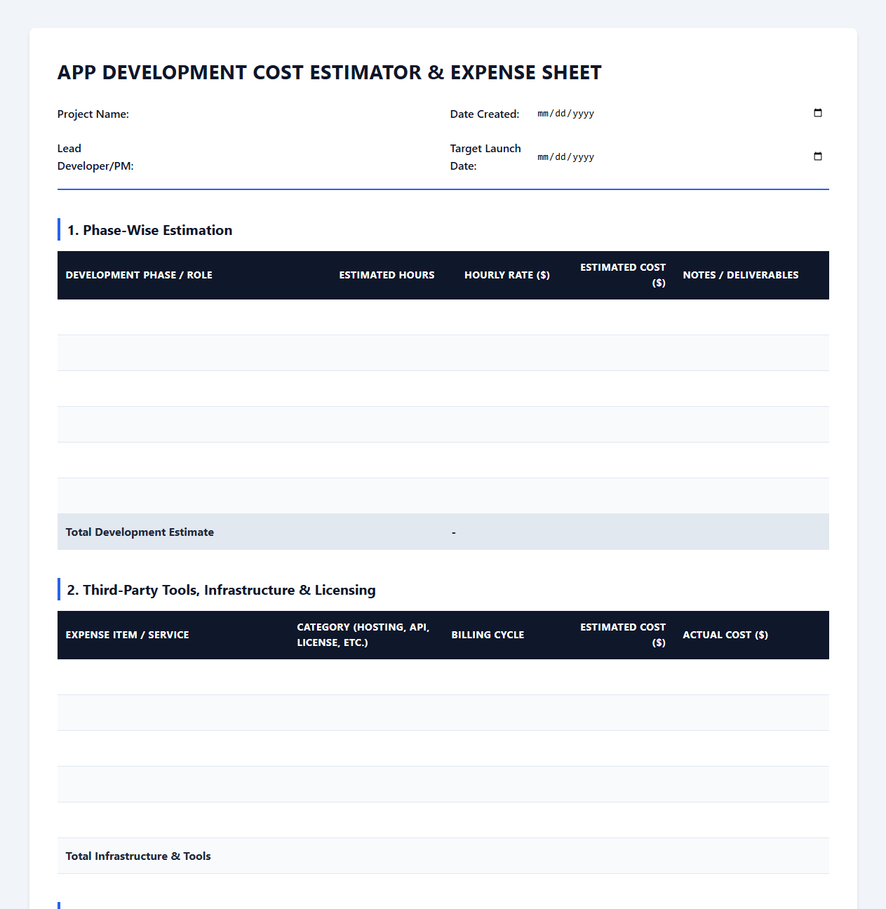 App Development Cost Estimator and Expense Sheet