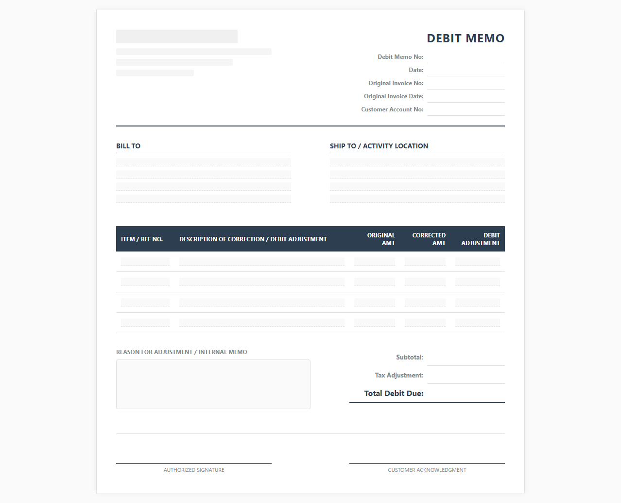 AR Billing Correction Debit Invoice Template