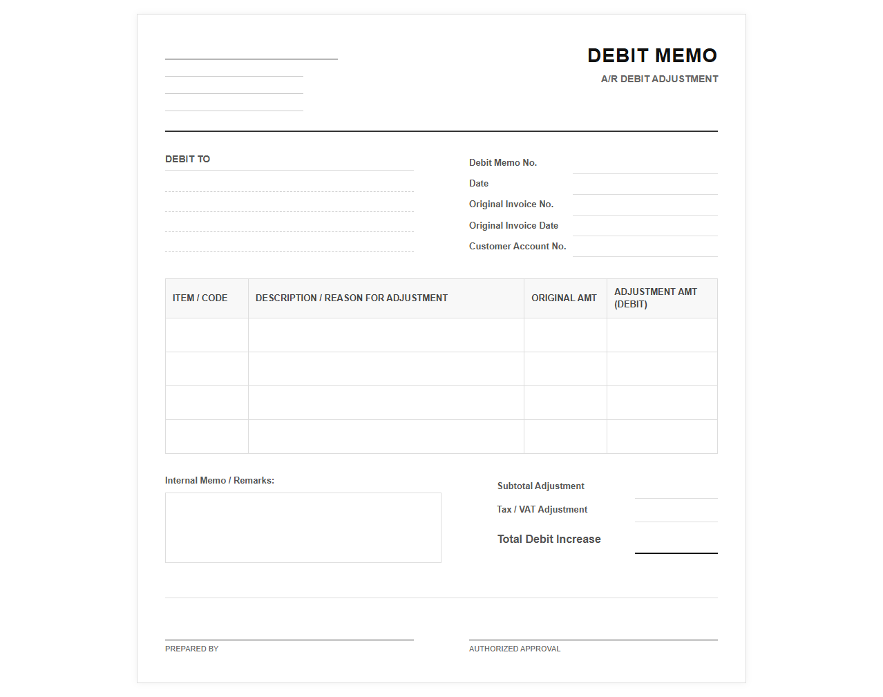 AR Debit Memo Adjustment Invoice Template