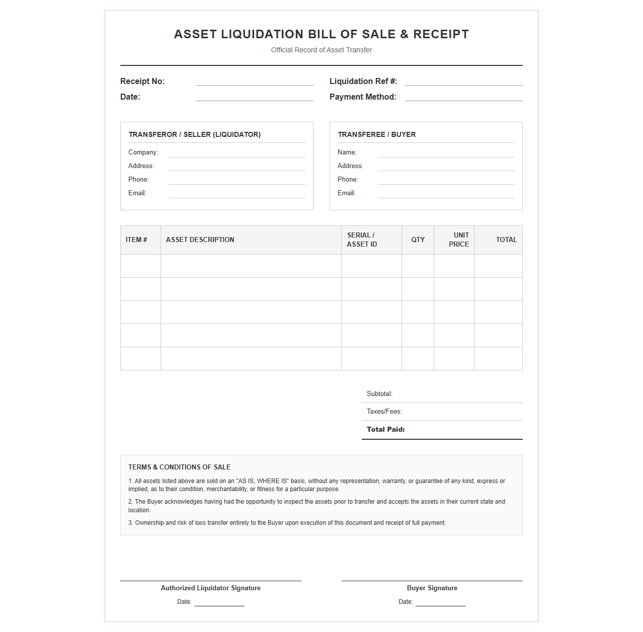 Asset Liquidation Bill of Sale Receipt