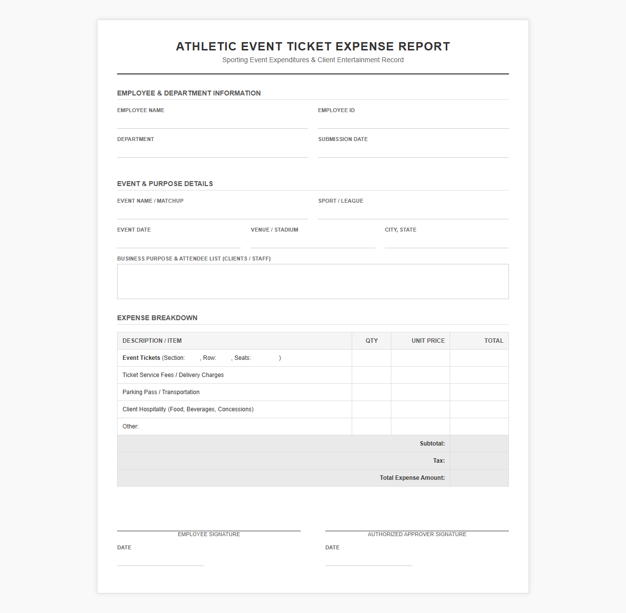 Athletic Event Ticket Expense Report