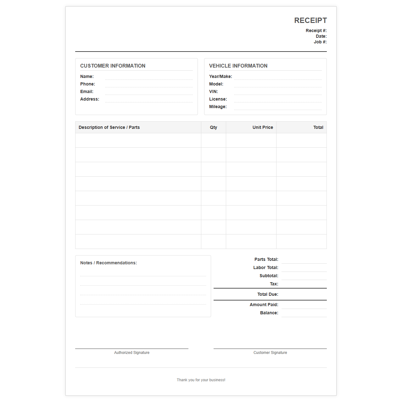Auto Repair Service Receipt Template