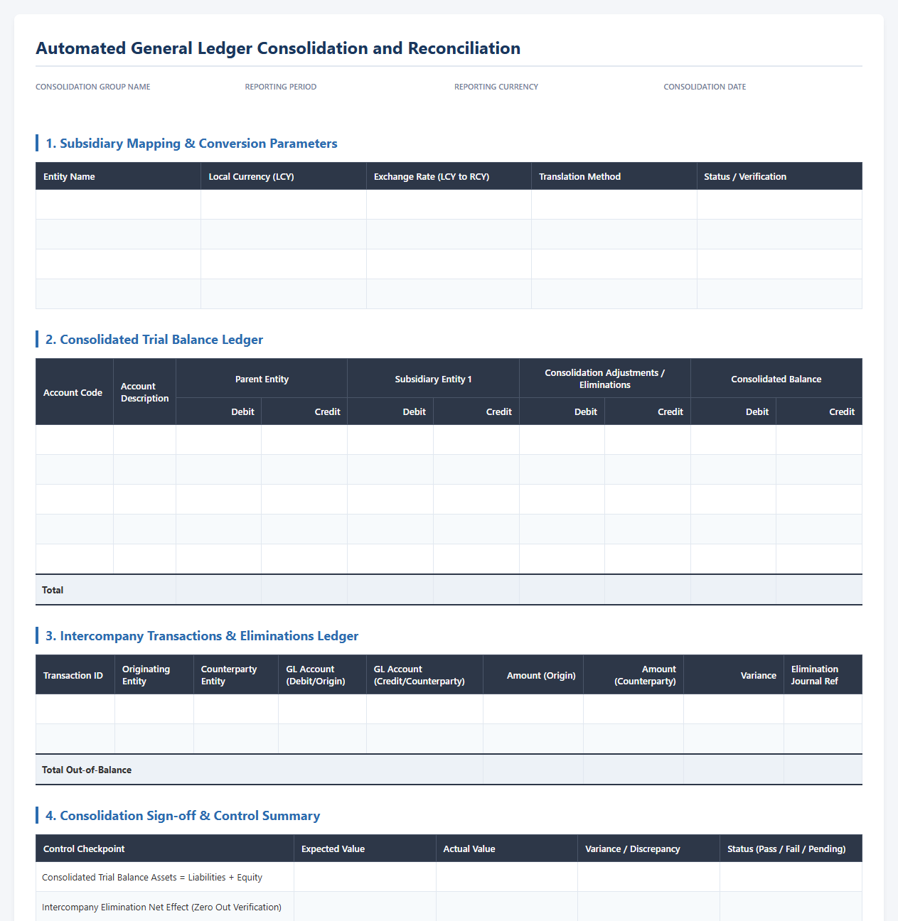 Automated General Ledger Consolidation and Reconciliation Template