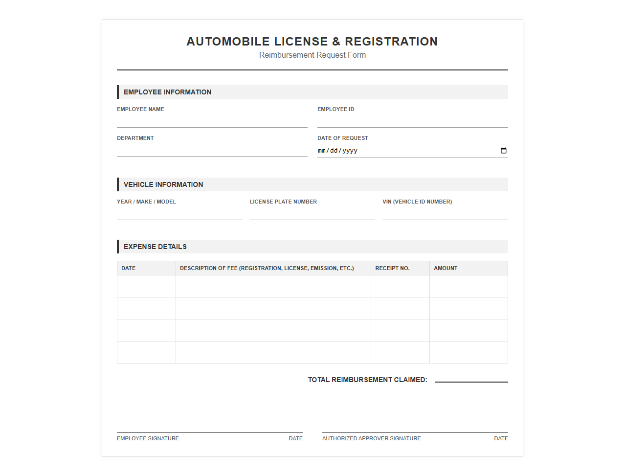 Automobile License and Registration Reimbursement Form