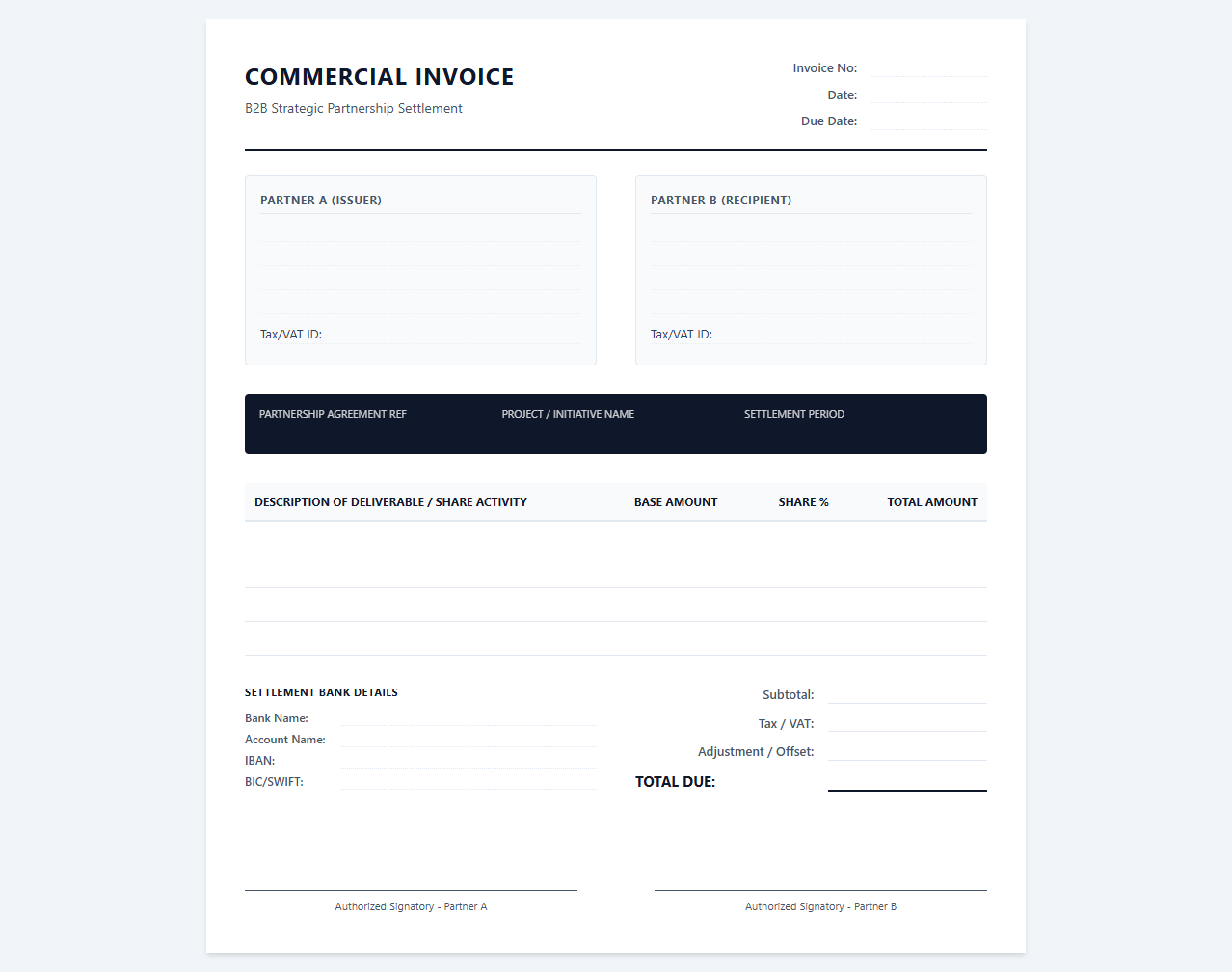 B2B Strategic Partnership Commercial Invoice
