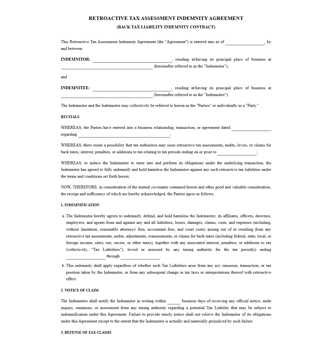Back Tax Liability Indemnity Contract