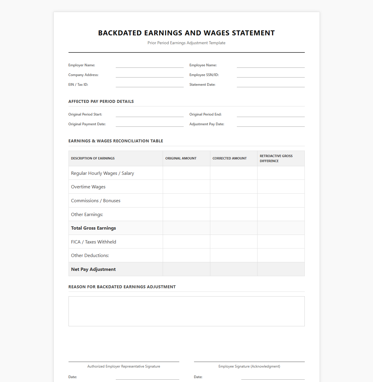 Backdated Earnings and Wages Statement Template