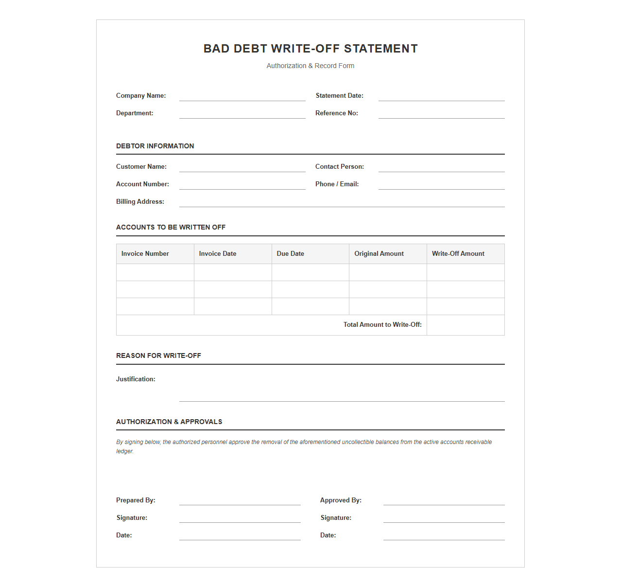 Bad Debt Write-Off Statement Template