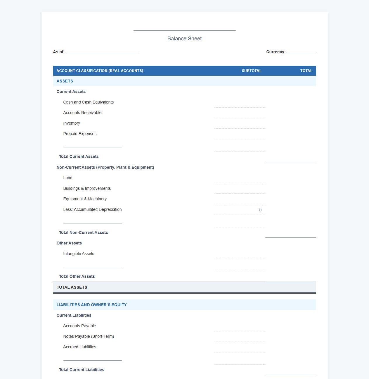 Balance Sheet Statement Template for Real Accounts