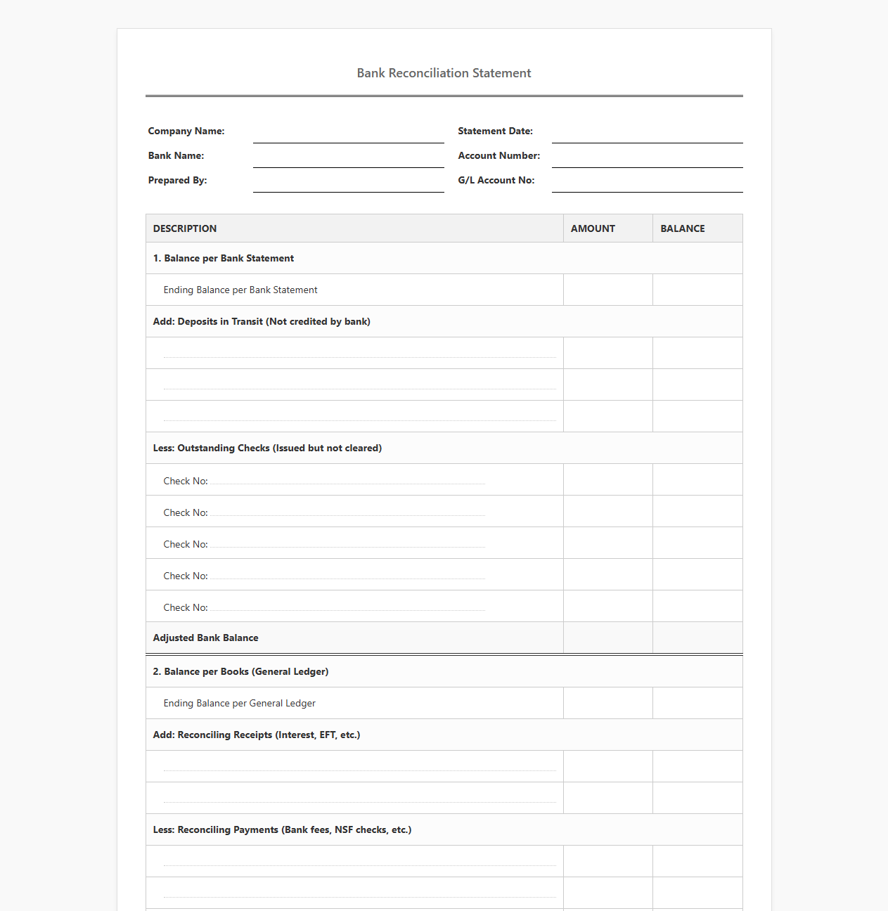 Bank Account Reconciliation Statement Worksheet