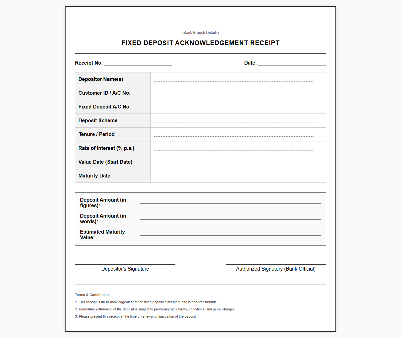 Bank Fixed Deposit Acknowledgement Receipt Template