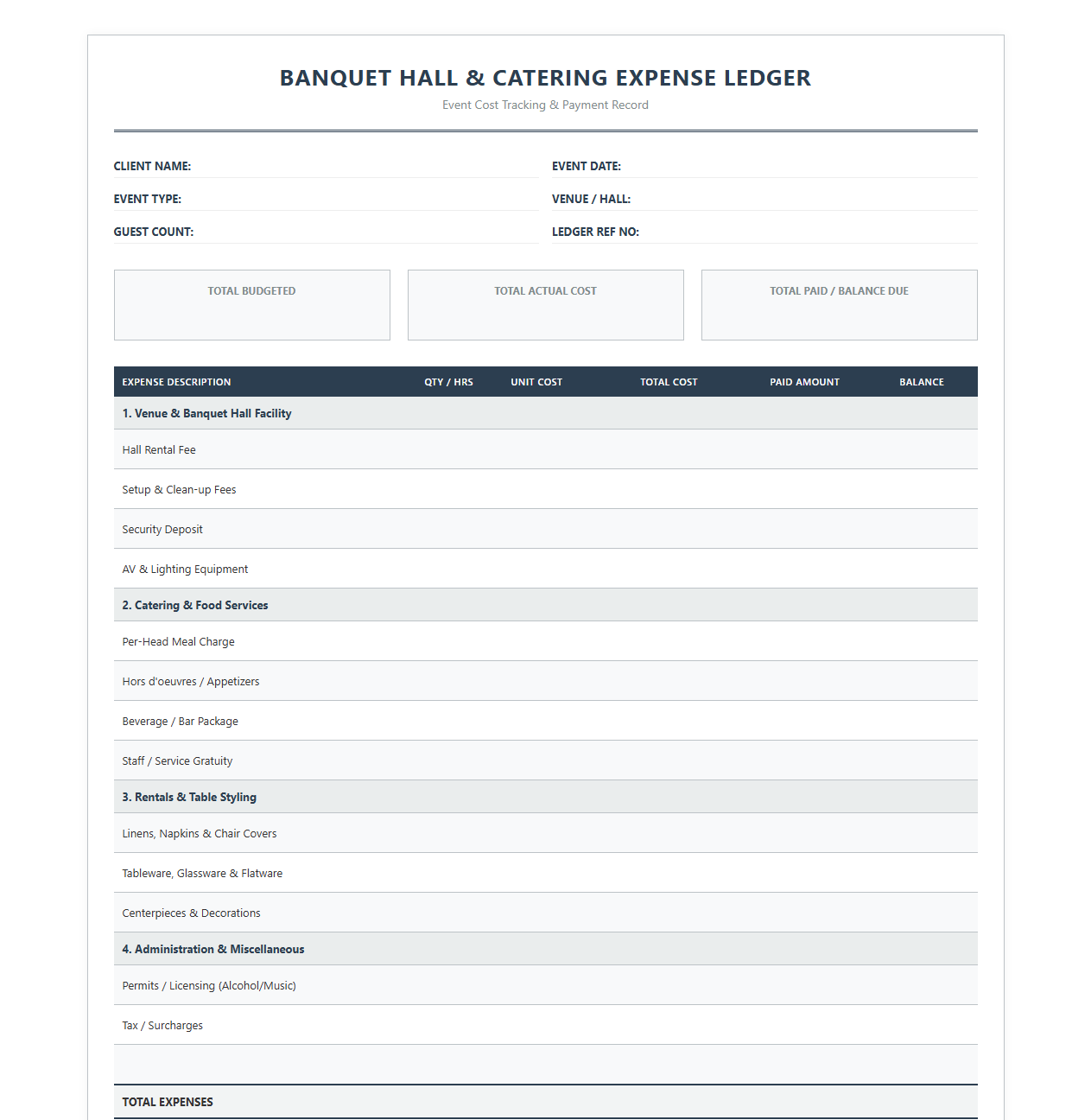 Banquet Hall and Catering Expense Ledger