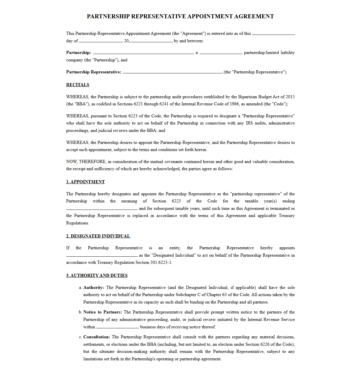 BBA Partnership Representative Appointment Agreement