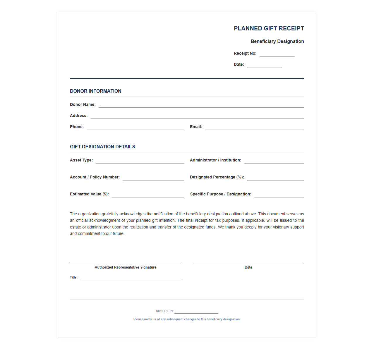 Beneficiary Designation Planned Gift Receipt