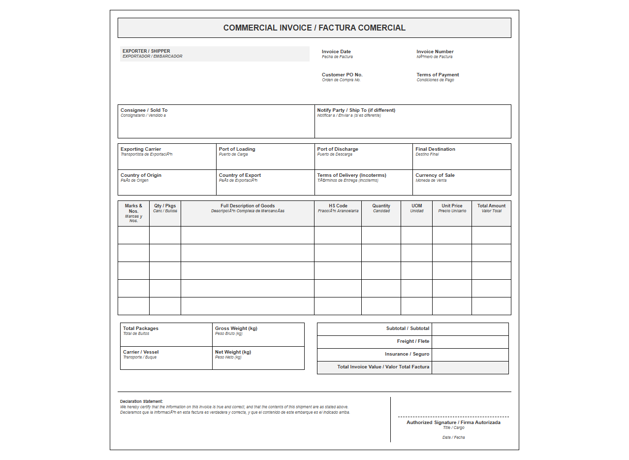 Bilingual Commercial Import Invoice Template