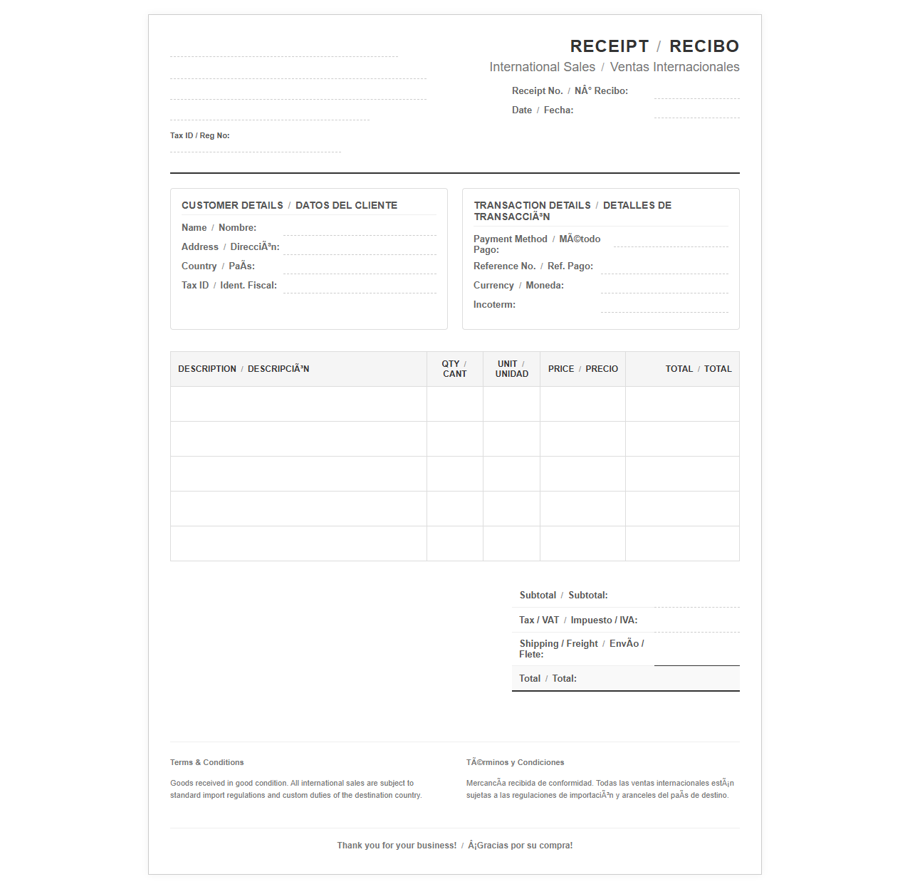 Bilingual International Customer Receipt Template