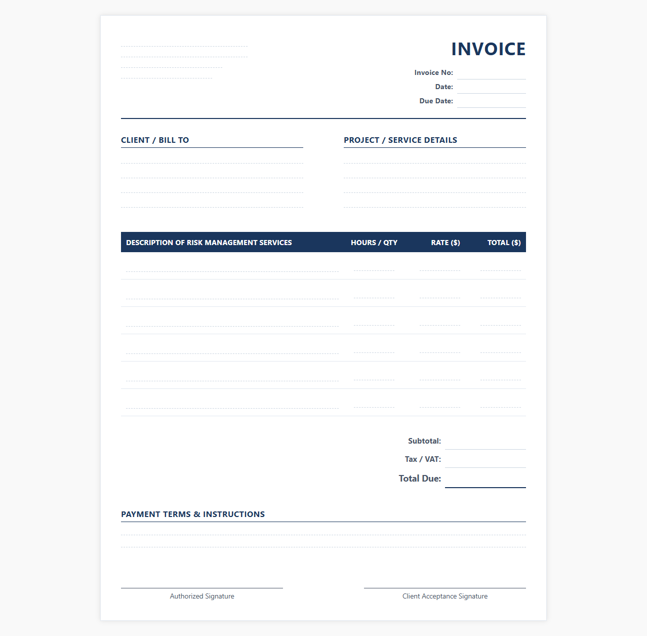 Billing Invoice for Risk Management Services