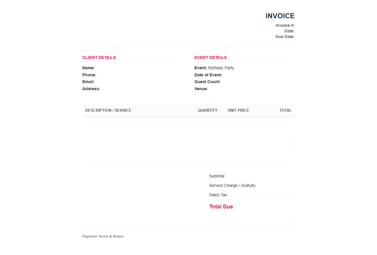 Birthday Party Catering Invoice Template