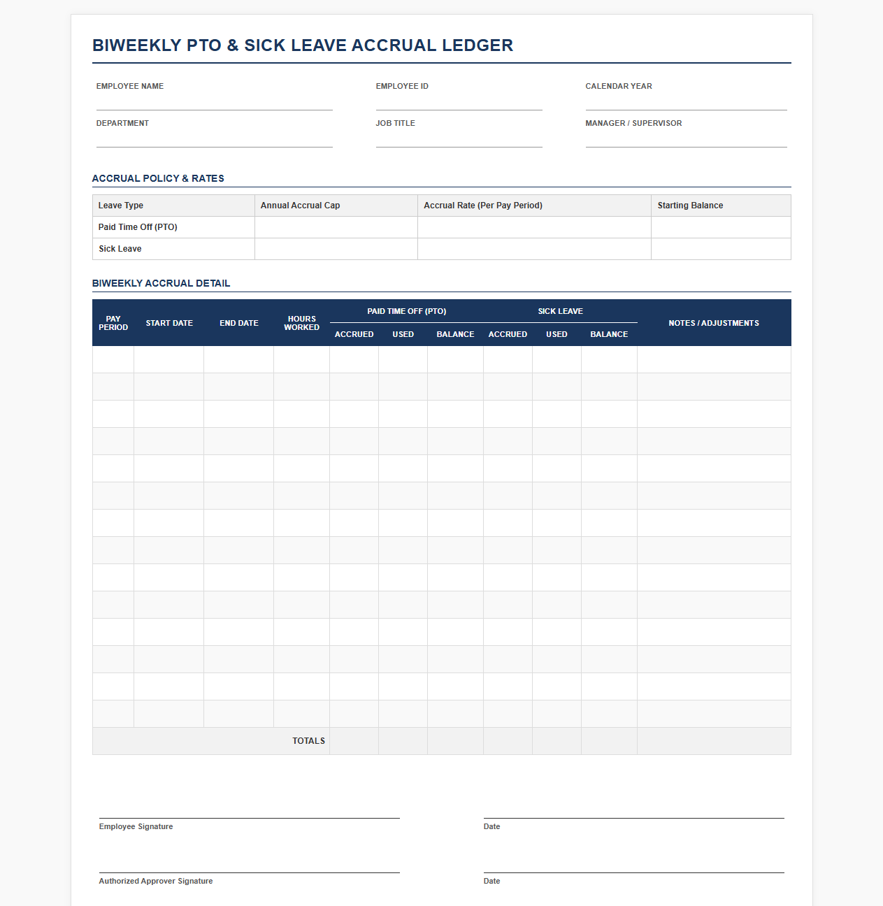 Biweekly Paid Time Off and Sick Leave Accrual Template