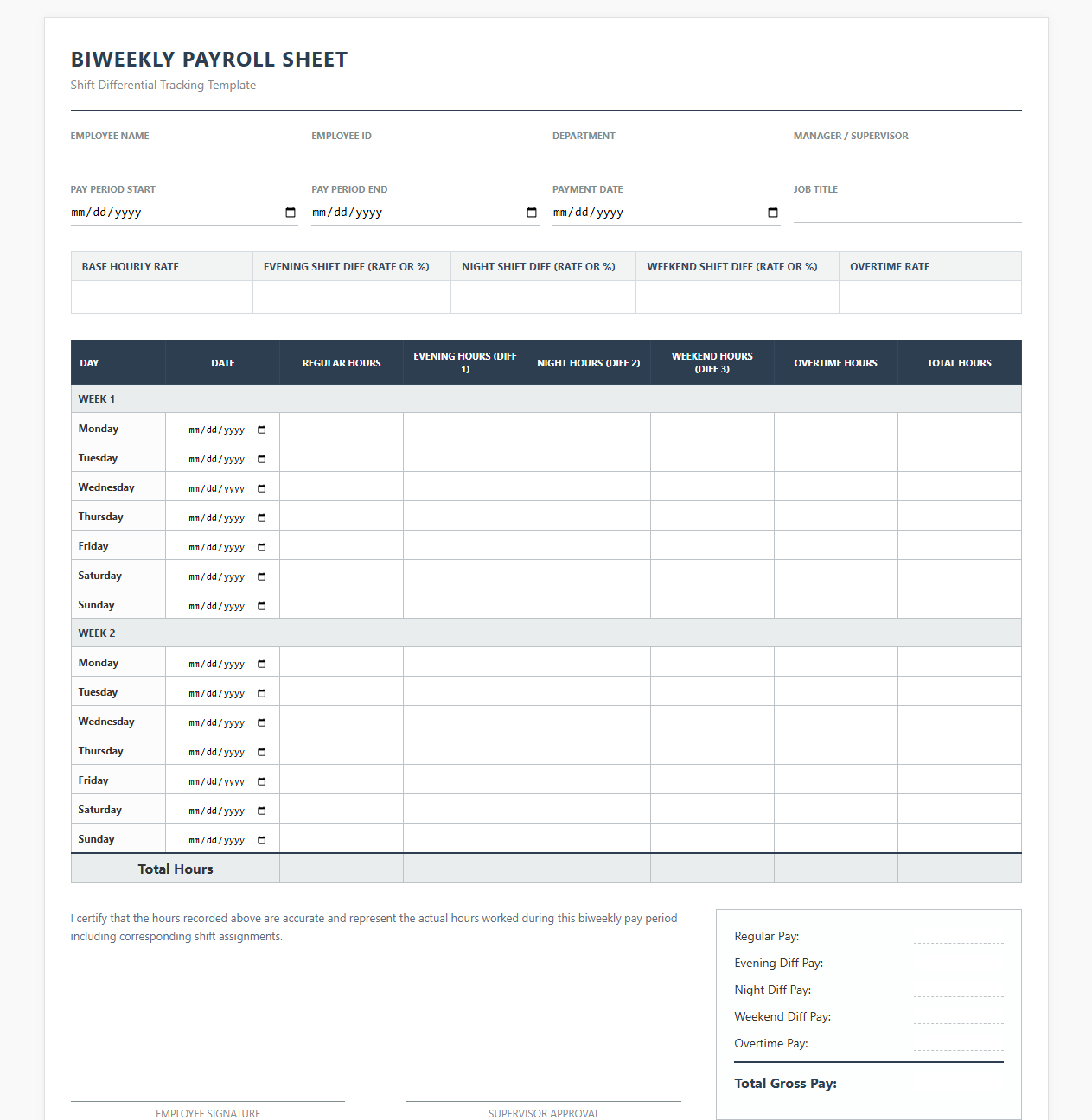 Biweekly Payroll Sheet with Shift Differential