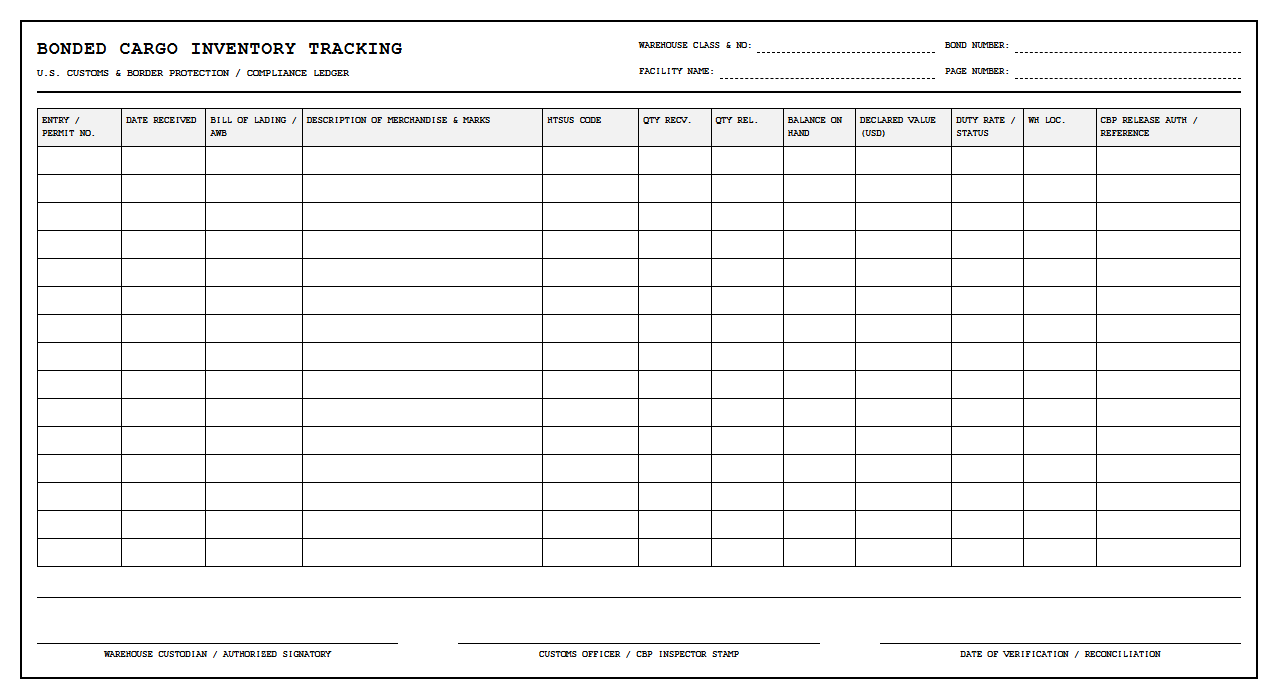 Bonded Cargo Inventory Tracking Sheet