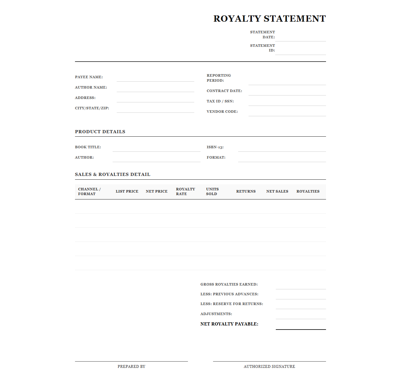 Book Royalty Statement PDF Template