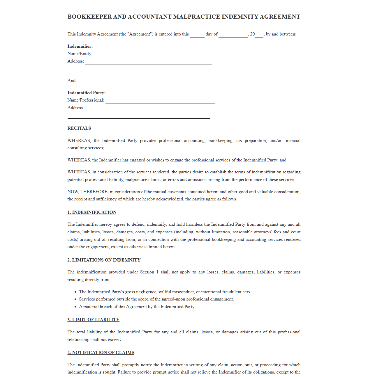 Bookkeeper and Accountant Malpractice Indemnity Agreement
