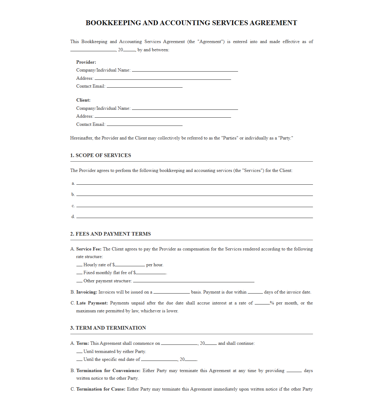 Bookkeeping and Accounting Services Contract Template
