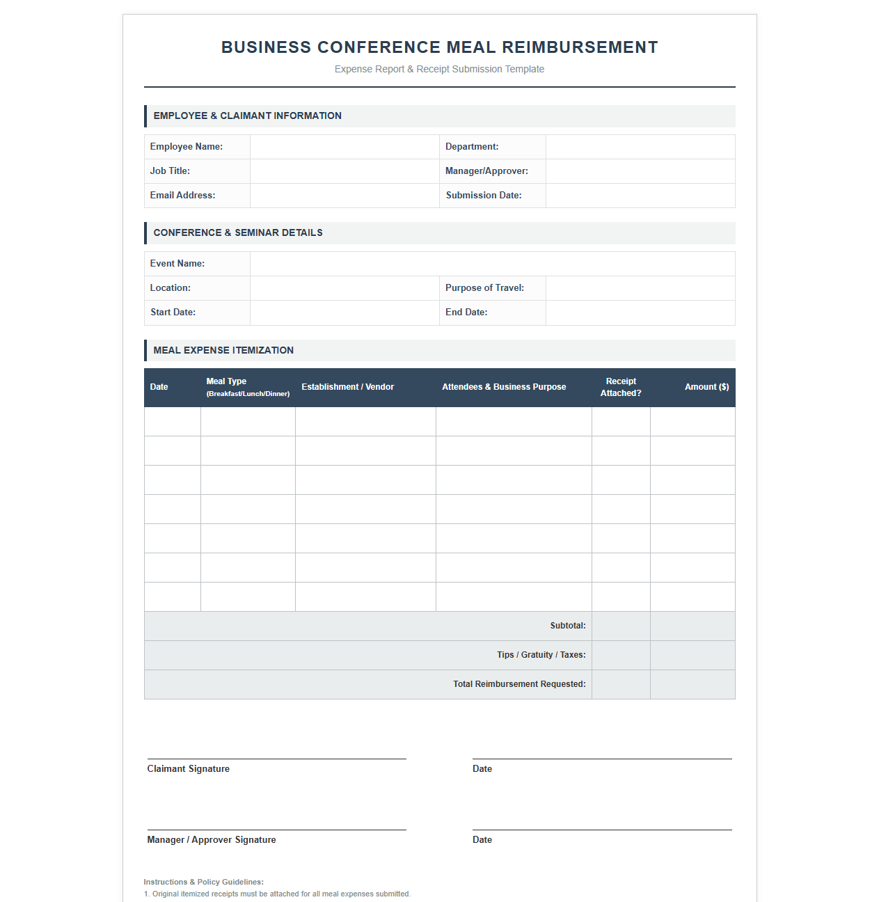 Business Conference Meal Reimbursement Template