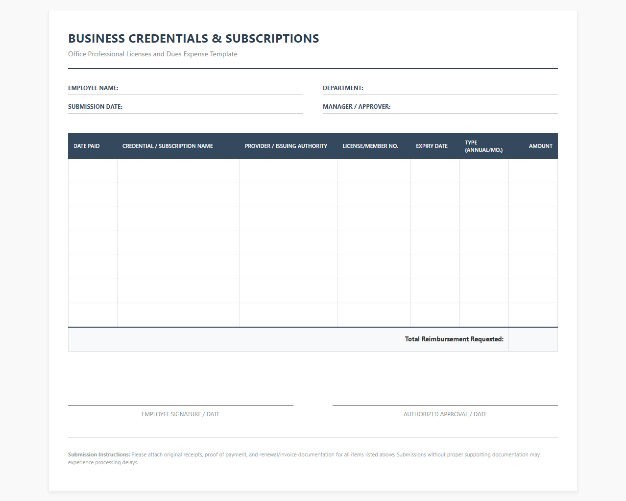 Business Credentials and Subscriptions Expense Template