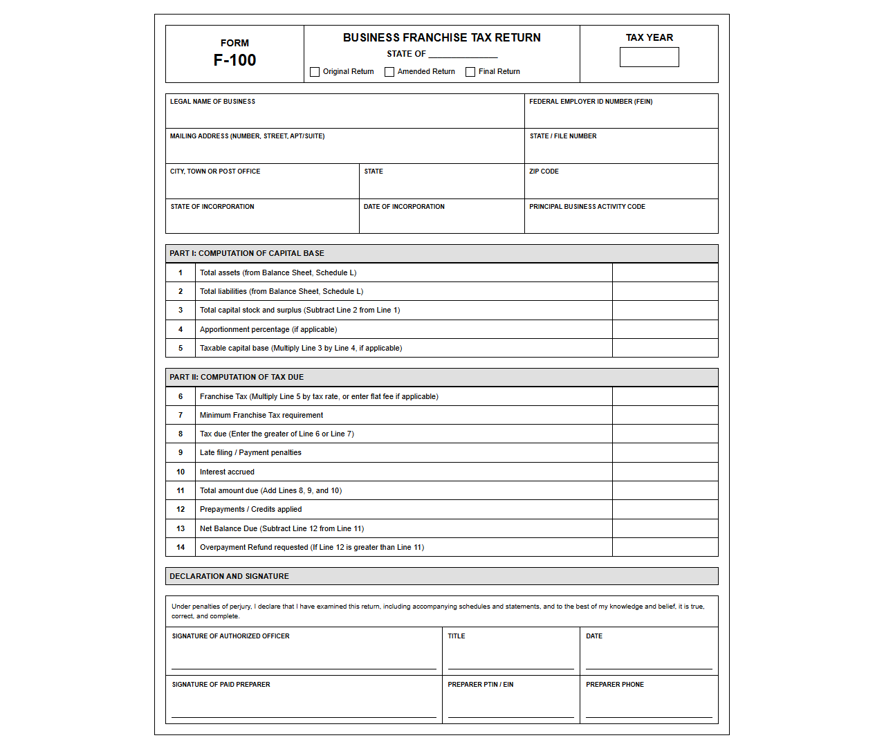 Business Franchise Tax Return Blank Template