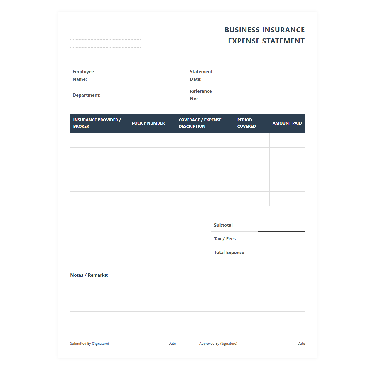 Business Insurance Expense Statement Form
