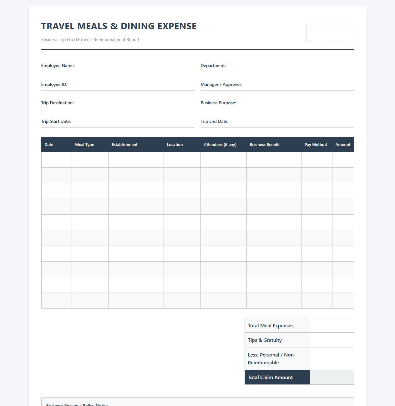 Business Trip Dining and Food Expense Template