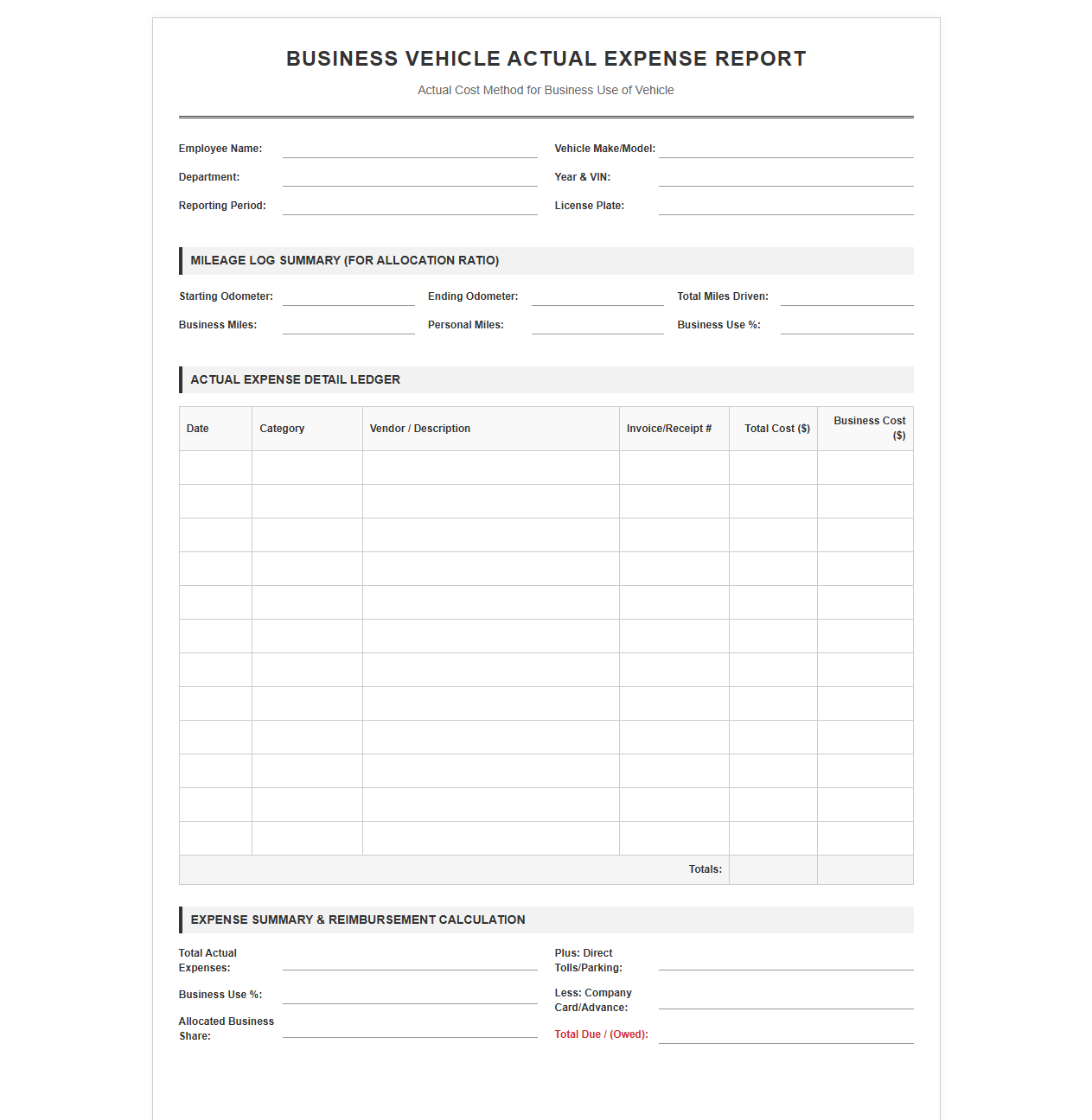 Business Vehicle Actual Expense Report